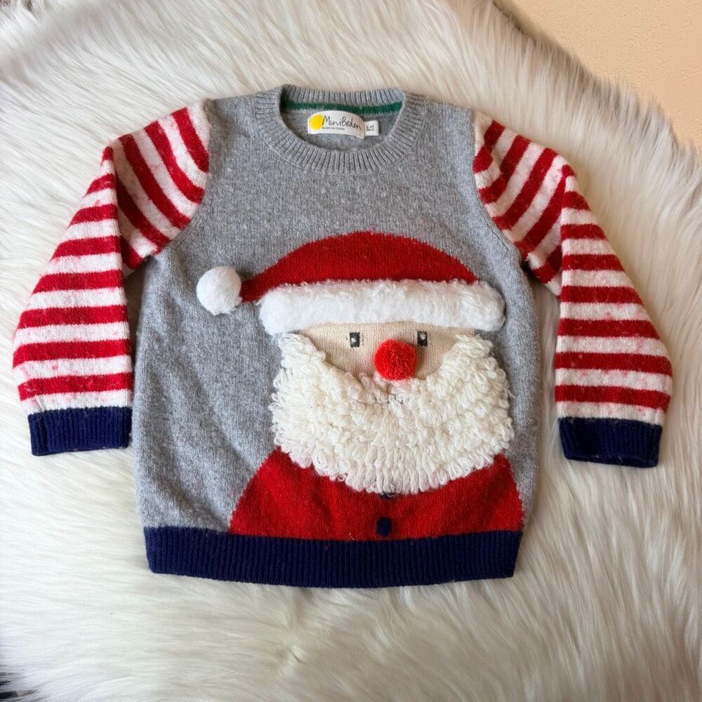 Mini Boden Festive Crew Sweater Grey Marl Santa Claus Size 2-3 Years